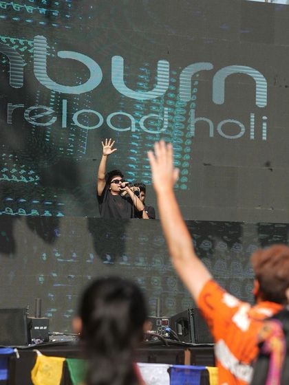 The 'Sunburn Reload Holi' branding on the big screen behind me. It's always an honor to be part of jejich lineup.
