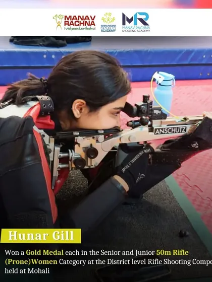 Our shooter Hunar Gill in action. She won a Gold Medal in both the Senior and Junior 50m Rifle Prone Women categories at the District level Rifle Shooting Competition in Mohali.