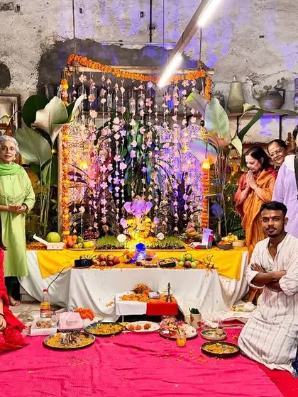 The entire studio family gathers for a group photo during our Ganesh Chaturthi celebrations. This picture captures the joy and togetherness that defines our community, surrounded by the beautiful decorations and festive spirit.