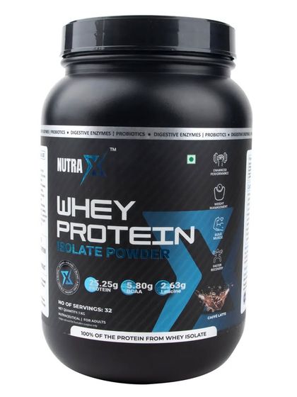 A clear, front-facing shot of NutraX Whey Protein Isolate Powder on a white background.