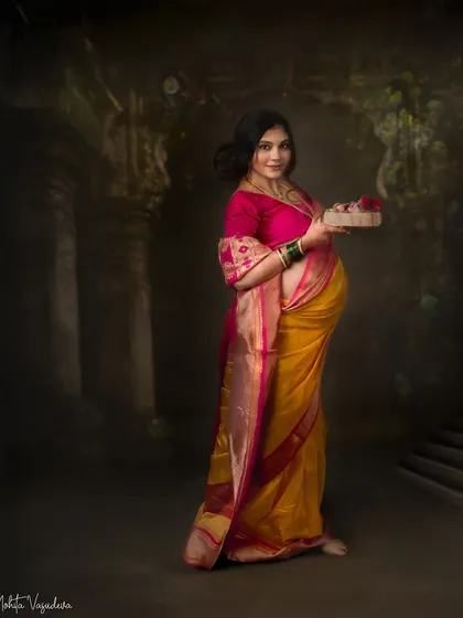 A full-length view of this mama in her wedding saree, creating a dramatic and ethereal portrait that honors her story.