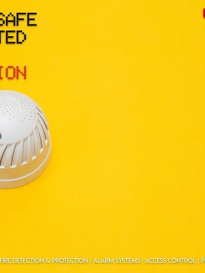 Early fire detection is critical for safety. This image features a modern smoke and heat detector, a key part of our integrated fire alarm systems that provide immediate alerts to protect both people and property.