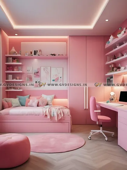 We love creating magical spaces for children. This all-pink bedroom is designed to be a whimsical sanctuary, featuring integrated shelving, a dedicated study area with perfect lighting, and custom furniture that is both playful and practical.