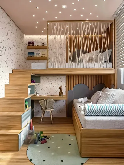 This cozy kids' room uses natural wood tones and textures to create a warm and inviting space. The design features a multi-level layout with a loft bed, integrated desk, and clever stair storage, making it as practical as it is beautiful.