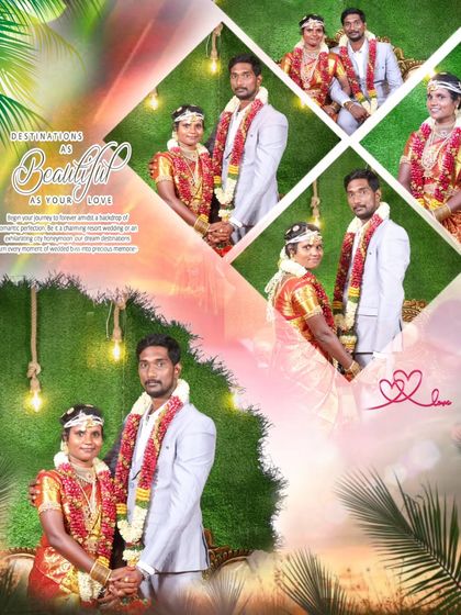 A wedding album collage showcasing multiple moments from the couple's big day. I arrange photos to create a beautiful narrative, highlighting both the couple and the festive atmosphere of the celebration.