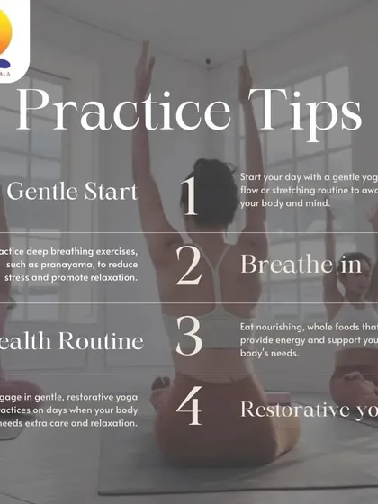 An infographic with four essential practice tips: start gently, focus on your breath, maintain a healthy routine, and incorporate restorative yoga for recovery.
