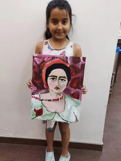 A stunning portrait inspired by the great artist Amrita Sher-Gil, created during our Art Summer Camp. I love introducing kids to influential artists and helping them learn different portraiture techniques.