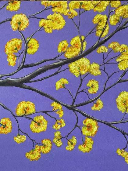 A celebration of Bengaluru's spring, this painting 'Yellove' features the Golden Trumpet tree. The vibrant yellow flowers against a purple sky create a striking contrast, capturing the city's fleeting but magical transformation.