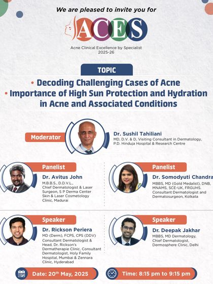 I was pleased to be a speaker for the ACES webinar, where we decoded challenging cases of acne and stressed the importance of sun protection and hydration in managing the condition.