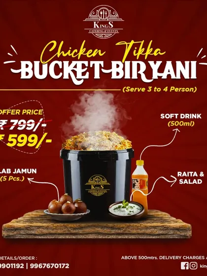 A great deal for biryani lovers. Get our Chicken Tikka Bucket Biryani, which serves 3-4 people, for just ₹599. It comes with 5 pieces of Gulab Jamun, a soft drink, raita, and salad.