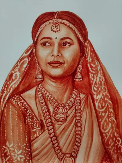 A blood portrait of a bride in her traditional wedding attire. I take great care in rendering the intricate details of clothing and jewelry to create a truly special keepsake.