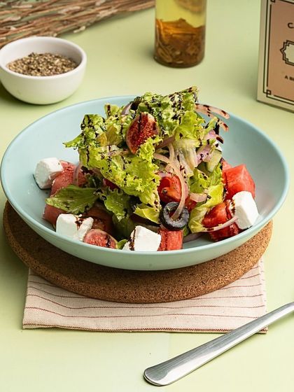 My Greek Salad is a refreshing classic, with crisp lettuce, juicy tomatoes, cucumbers, olives, and chunks of feta cheese tossed in a Mediterranean dressing.