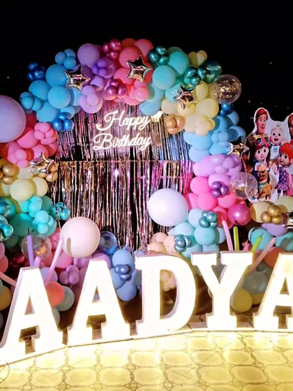 A full view of the Cocomelon stage decoration, perfect for a big celebration.