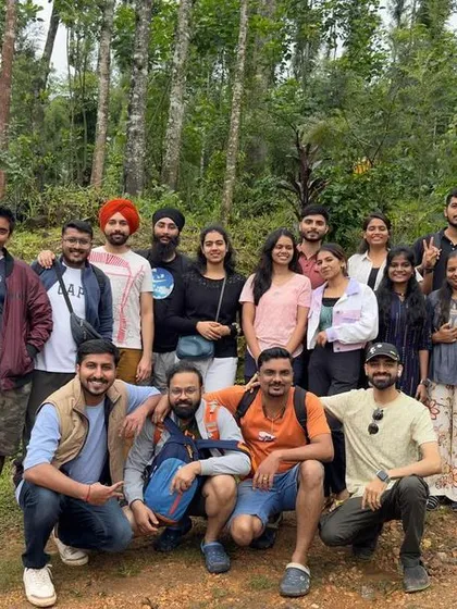 A happy group posing in a clearing in the woods. My trips are about finding beautiful spots and enjoying them with friends.