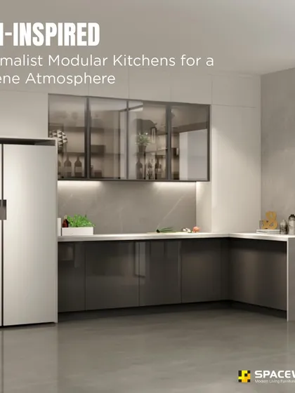This is my take on a Zen-inspired minimalist kitchen. The design uses handleless, high-gloss grey lower cabinets and glass-fronted upper cabinets with subtle backlighting, creating a serene and organized space.