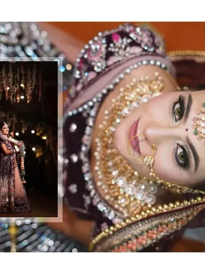 A beautiful wedding album layout featuring a stunning close-up portrait of the bride. The overhead angle highlights her intricate makeup and maang tikka, while an inset photo shows her full bridal lehenga.