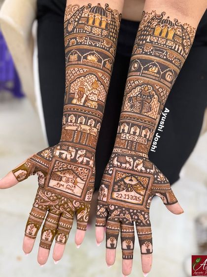 Mehendi can tell family stories too. This customized design beautifully portrays the bond between a mother and daughter, alongside important dates and symbols from their lives.