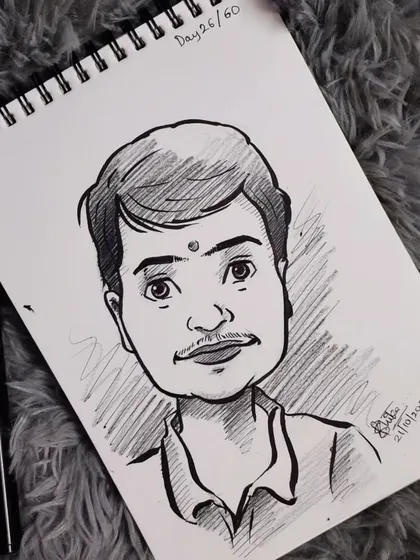 A gentle and kind expression captured in this caricature sketch. The small details like the bindi add a personal touch.