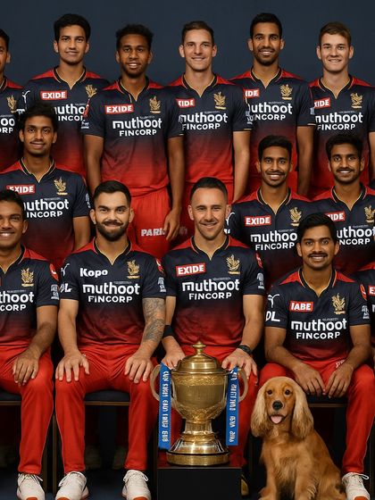 The official team photo, but with a special furry addition. Posto fits right in with the RCB champions.