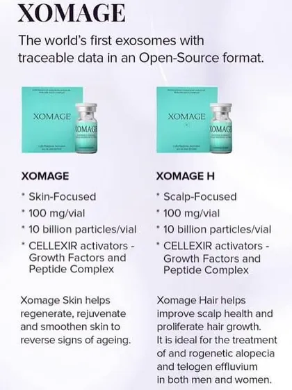 For hair loss, I offer the latest in regenerative treatments, including Exosomes. Xomage Hair (Xomage H) is a scalp-focused formula that uses growth factors and peptides to improve scalp health and stimulate hair growth in both men and women.