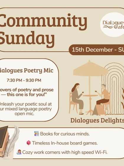 Our "Community Sunday" poster for the festive season, highlighting a mixed-language poetry mic to bring poetic souls together.