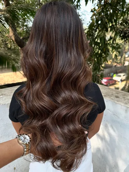 I call this look 'Hazelnut Chocolate Truffle'. It's a deep, rich brunette base with fine hazelnut highlights that add a subtle shimmer. This is a great option for anyone wanting to enhance their dark hair without a drastic change.