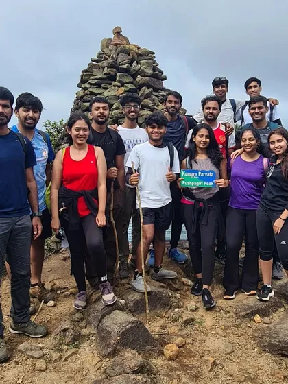 A proud group at the Pushpagiri peak, the final summit of the Kumara Parvatha trek. A true test of endurance.