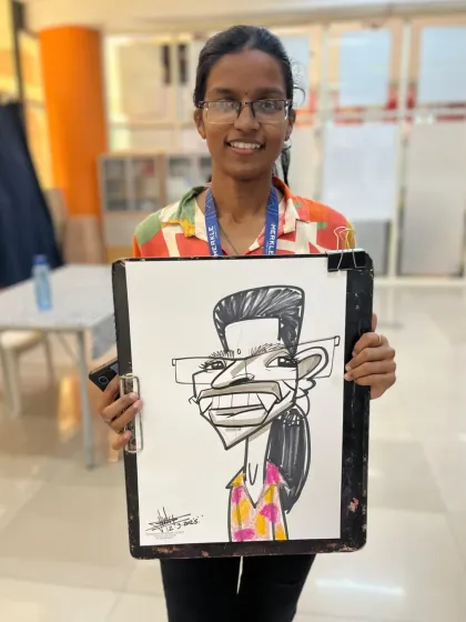 The unique style of this guest was fun to draw. I enjoy the challenge of capturing different personalities at corporate events.