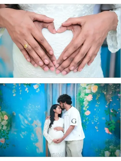 A collage featuring two beautiful moments. The top photo is a close-up of the couple's hands forming a heart on the baby bump, and the bottom shows a tender embrace against the bright blue backdrop.