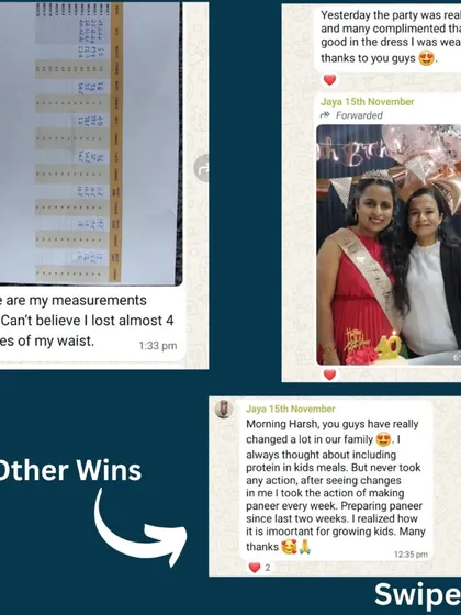 Jaya, a supermom from Germany, dropped 5 kgs and 4 inches from her waist post-pregnancy. Her diet included simple meals like poha, dal, and fruits. Her testimonial and progress shots show her renewed energy and confidence.