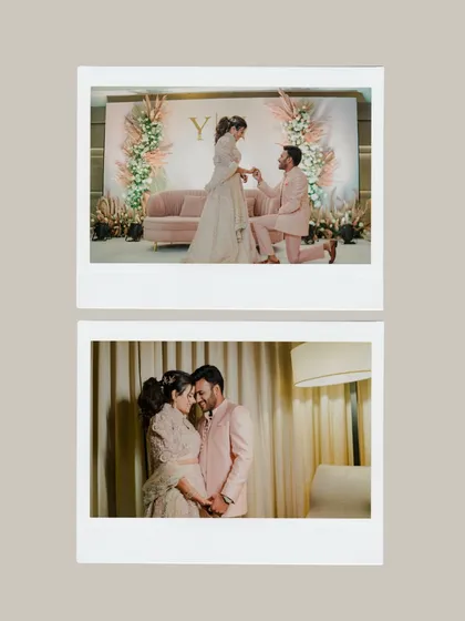 Two polaroids telling a story. The top frame captures the classic proposal on one knee, while the bottom shows a sweet, intimate embrace. A perfect summary of their engagement.