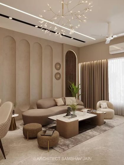 This living room design exudes understated elegance. The wall is conceptualized as an interplay of curves and textures, with arched vertical grooves inspired by natural forms. It's a perfect balance of contemporary style and timeless grace.