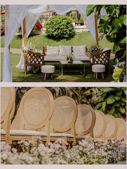 Chic and comfortable guest seating arrangements for an outdoor wedding.