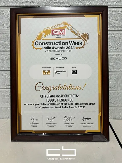 The official certificate for our "Architectural Design of the Year - Residential" award from Construction Week India Awards 2024. This highlights our commitment to creating distinguished residential spaces in modern Indian architecture.
