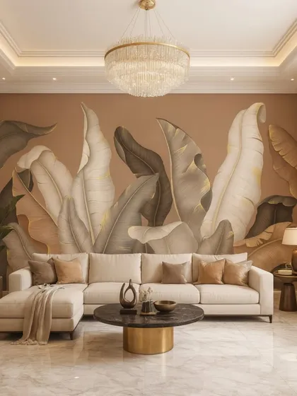 A minimalist and modern botanical wallpaper featuring large, stylized banana leaves in neutral tones. This design adds a touch of nature without overwhelming the space.