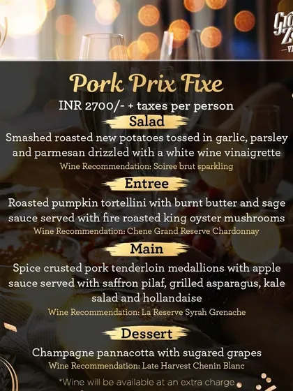 A duplicate of 89, this image displays the Pork Prix Fixe menu. It showcases how I pair robust dishes with equally expressive wines for a memorable meal.
