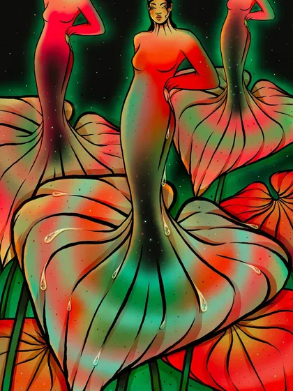A detailed crop of the "Anthurium Empresses" illustration. This closer view emphasizes the velvety textures, subtle gradients, and the dew-like drops that add a sense of life and realism to the surreal scene.