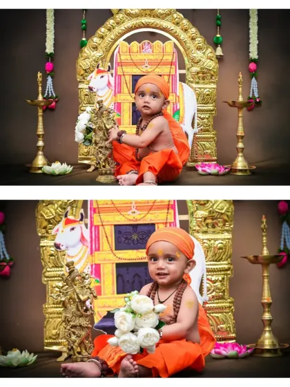 A two-photo collage capturing the baby's sweet smile and playful nature during the divine-themed shoot. He holds a bouquet of white flowers, adding a touch of purity to the scene.
