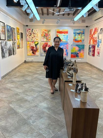 Another photo from the opening day of my exhibition in Mumbai. I love connecting with people who appreciate handmade art.