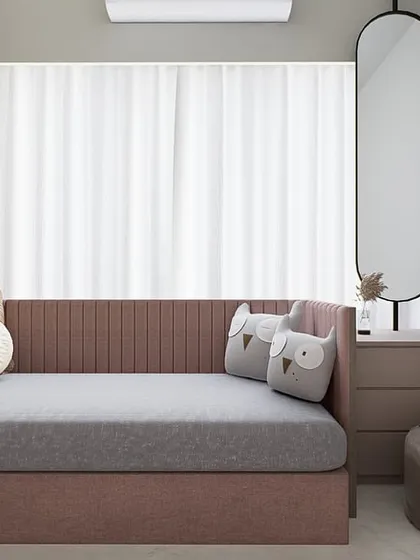A modern minimalist bedroom with a soft pink daybed and a 'Good Vibes Only' neon sign. This space is designed to be a positive and uplifting personal corner.