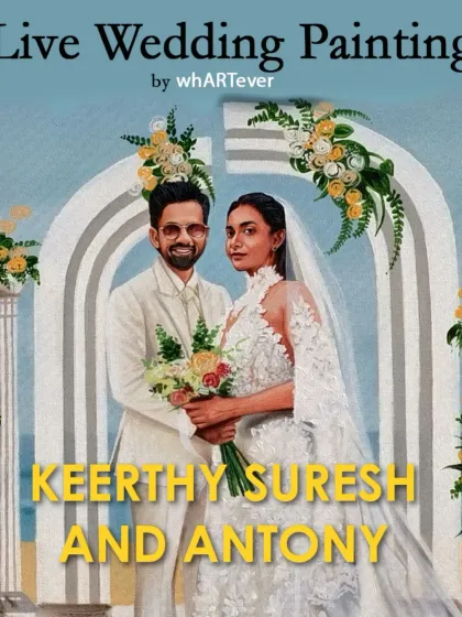 Our finished live painting of Keerthy Suresh and Antony from their gorgeous beach wedding. We focused on capturing the elegance of their ceremony.