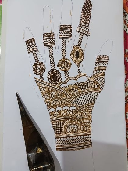 Here's a party-style design I created while practicing with some older cones. It features elegant finger details and a flowing pattern on the palm, ideal for any celebration.