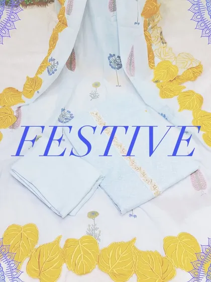 A festive dress material set with a beautiful leaf-themed embroidered dupatta. The word 'FESTIVE' is overlaid, highlighting its suitability for celebrations.