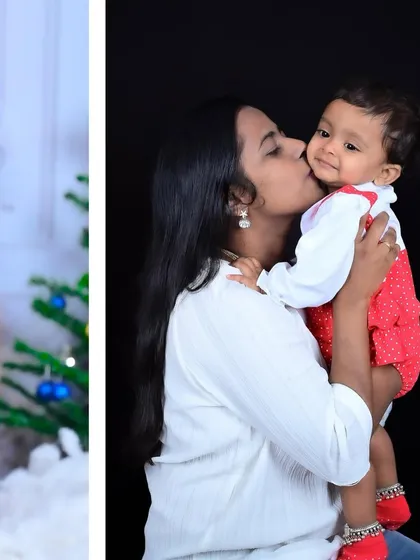 A collage showing a mother kissing her baby, both dressed for a Christmas-themed shoot.