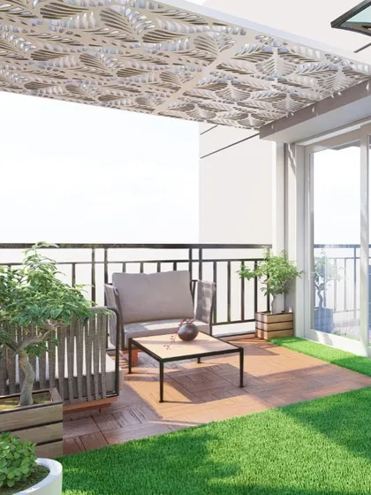 This is a design concept for a 200 sq. ft. terrace. My goal was to make it simple yet elegant, with a unique laser-cut pergola roof that creates beautiful shadows, comfortable seating, and a mix of wood decking and artificial grass.