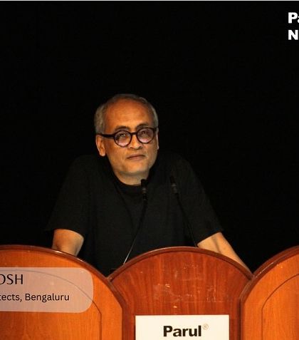 Speaking at Parul University. These opportunities for dialogue allow us to share the 'why' behind our work, discussing the principles that guide our projects from the smallest home to the largest public landmark.