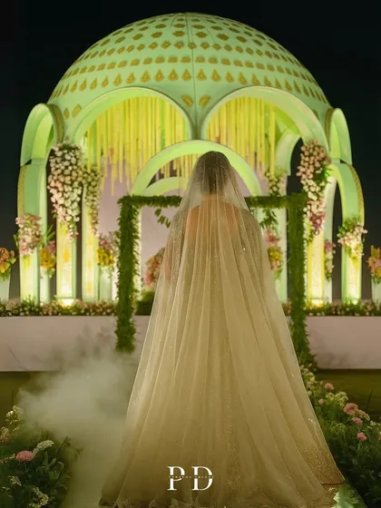 The bride's dramatic entrance towards the glowing mandap at dusk. We use strategic lighting and effects like theatrical smoke to make these moments feel truly cinematic and magical.