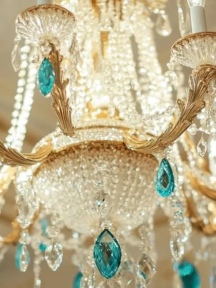 This classic gold and crystal chandelier, accented with teal teardrops, is the epitome of royal elegance. It’s a fixture I would recommend for a formal dining room or a grand foyer to make an unforgettable first impression.