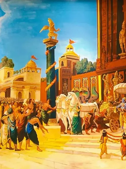 A wide view of a large-scale oil painting depicting Lord Krishna's grand arrival in the city of Dwarka. This reproduction captures the epic scale of the event, with cheering crowds and magnificent architecture.