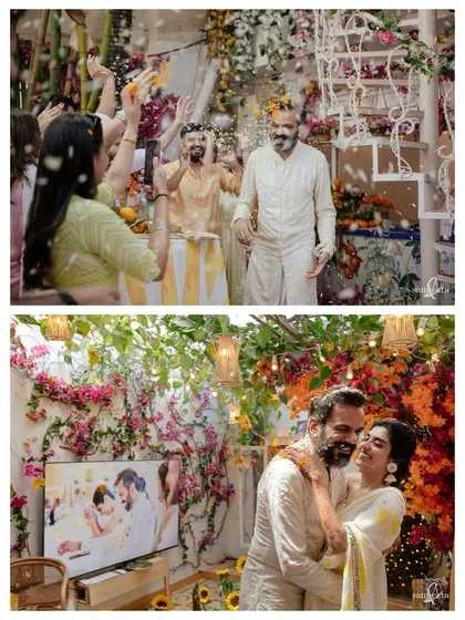 A collage from Nikki and Vishal's haldi, showing his joyful entrance and a tender moment with Nikki in front of a photo from their London ceremony. It’s a story of their journey and the family that supports them.